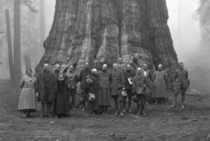 צילום בשחור לבן של הרבה אנשים מצולמים ליד עץ ענק.